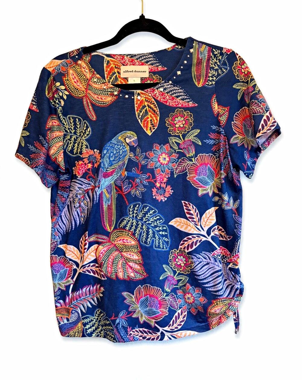 Alfred Dunner Women’s S Blue Tropical Floral Parrot Studded Stretch Knit Top